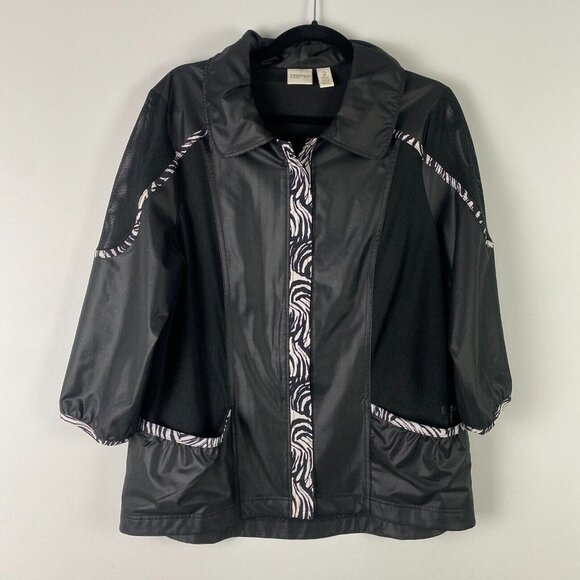 Chicos Zenergy Jacket Womens 2 US Large Black Full Zip Zebra Print Trim - Picture 1 of 10